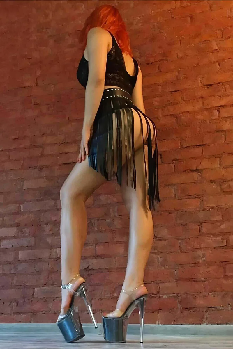 Black Faux Leather Fringe Hip Belt Skirt Studded Detail Women