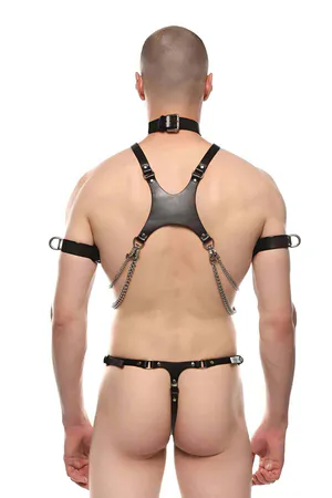 Sexy Men's Harness with Leash and Armbands, Men's Leather Fancy Clothing - APFTM115