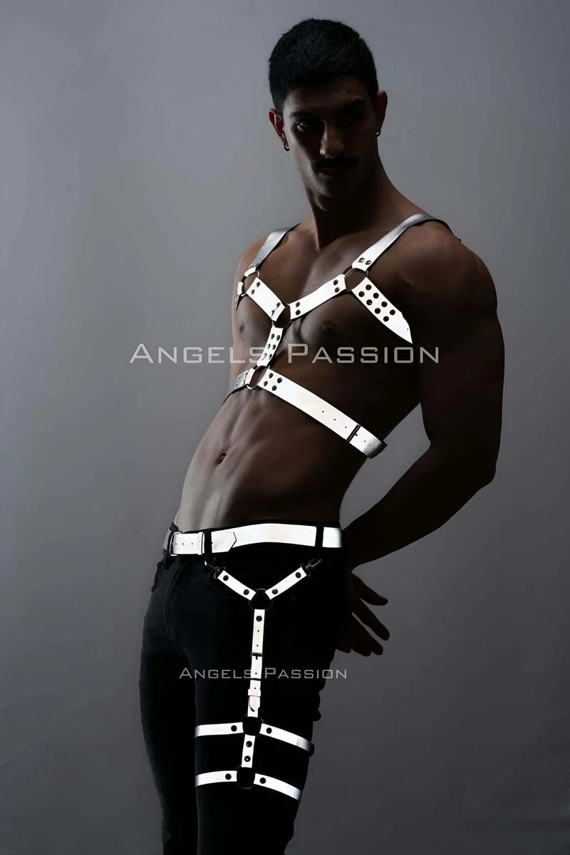 Reflective fashion harness set styling detail with studded chest and leg straps