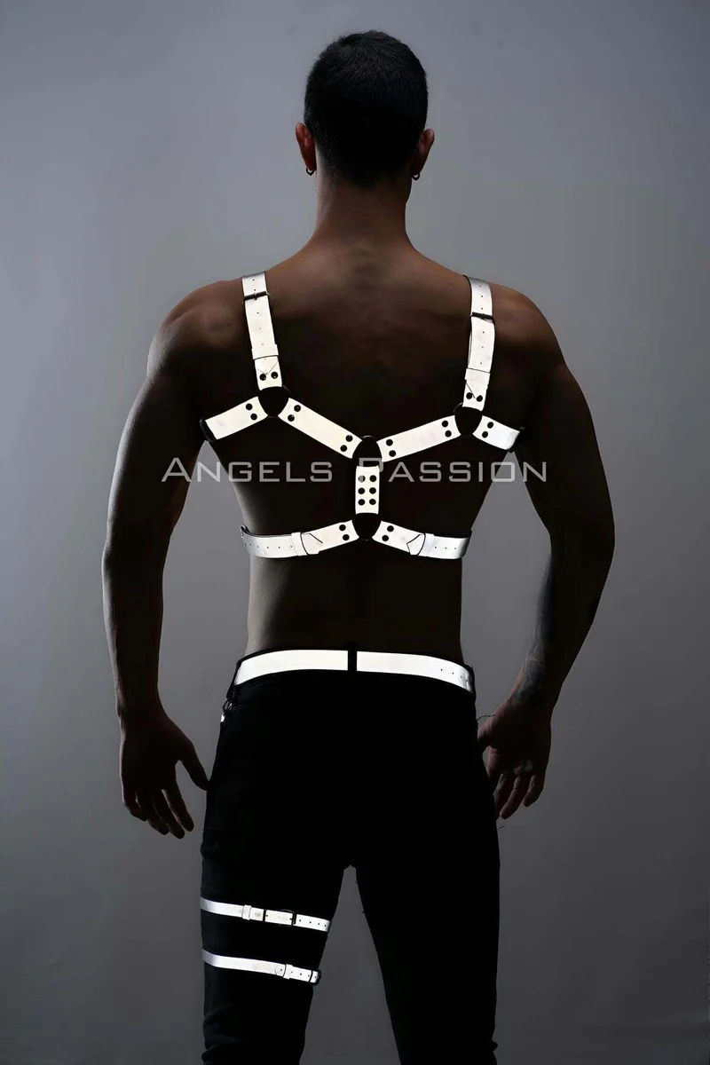 Reflective chest and leg harness festival outfit with back view details