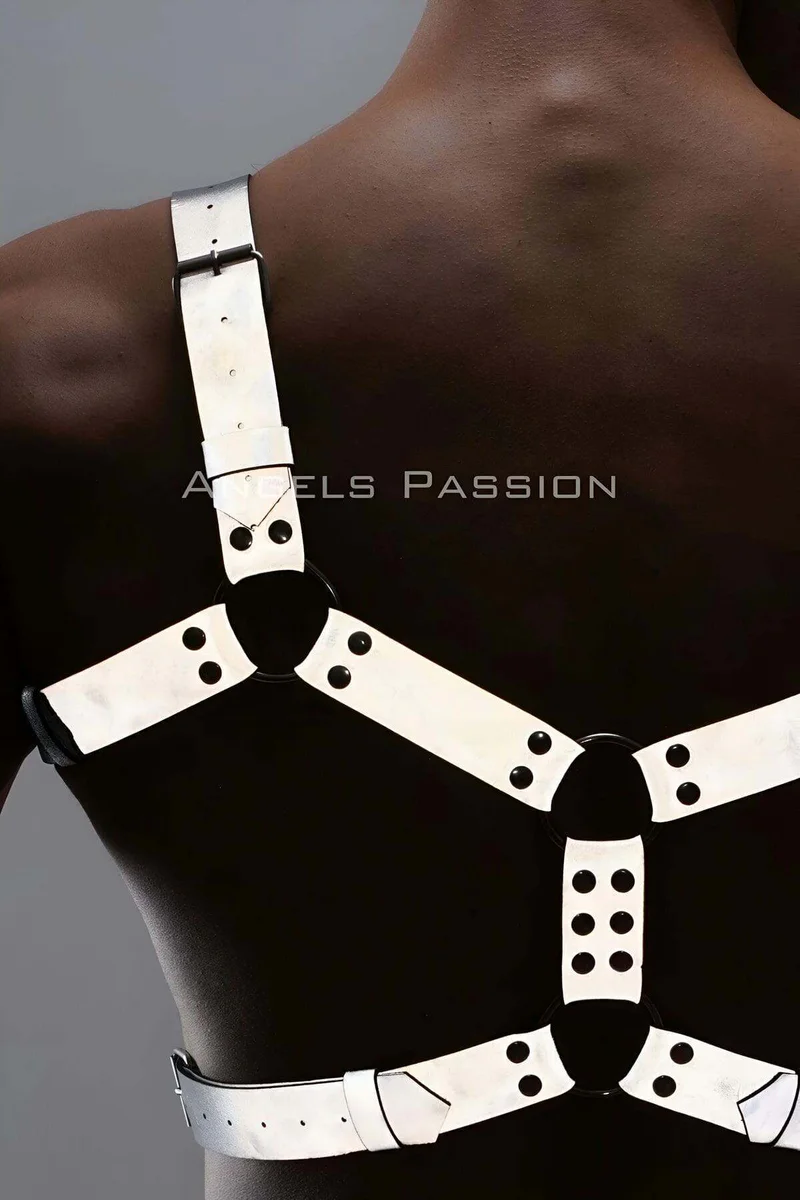 silver reflective chest and leg harness set adjustable straps and metal rings