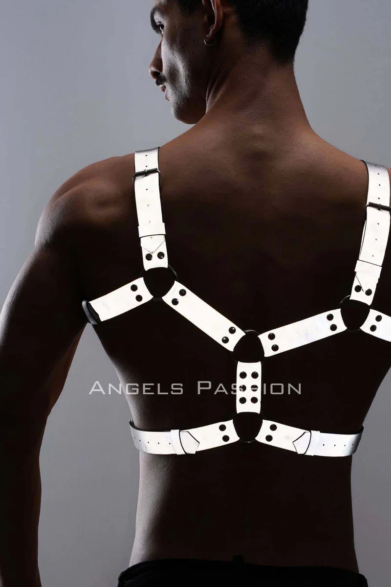 Festival reflective silver body harness with multiple straps