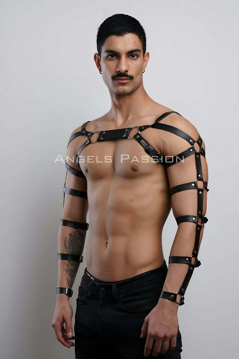 Black vegan leather chest harness front view with