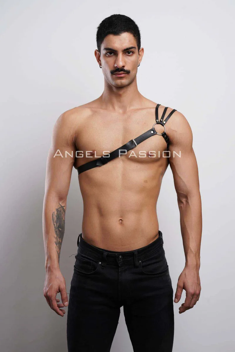 Black Faux Leather Asymmetrical Shoulder Harness Silver O-Ring Detail