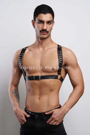 Stylish Men's Chest Harness with D Ring Detail, Men's Leather T-Shirt Accessory - APFTM92
