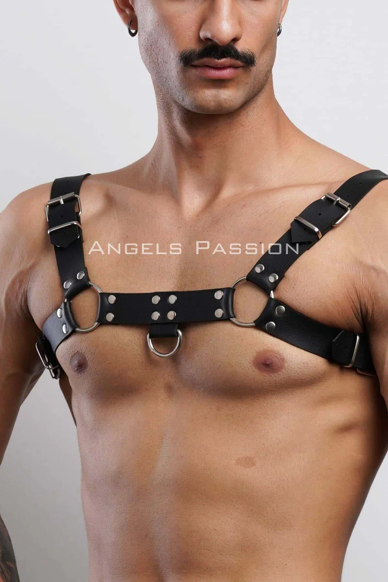 Festival black leather chest harness with metal studs
