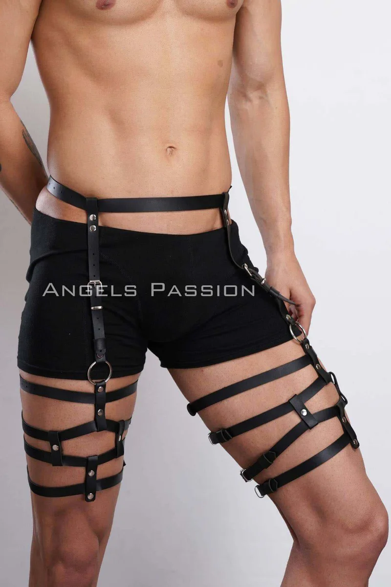 Mens Faux Leather Leg Harness Front View