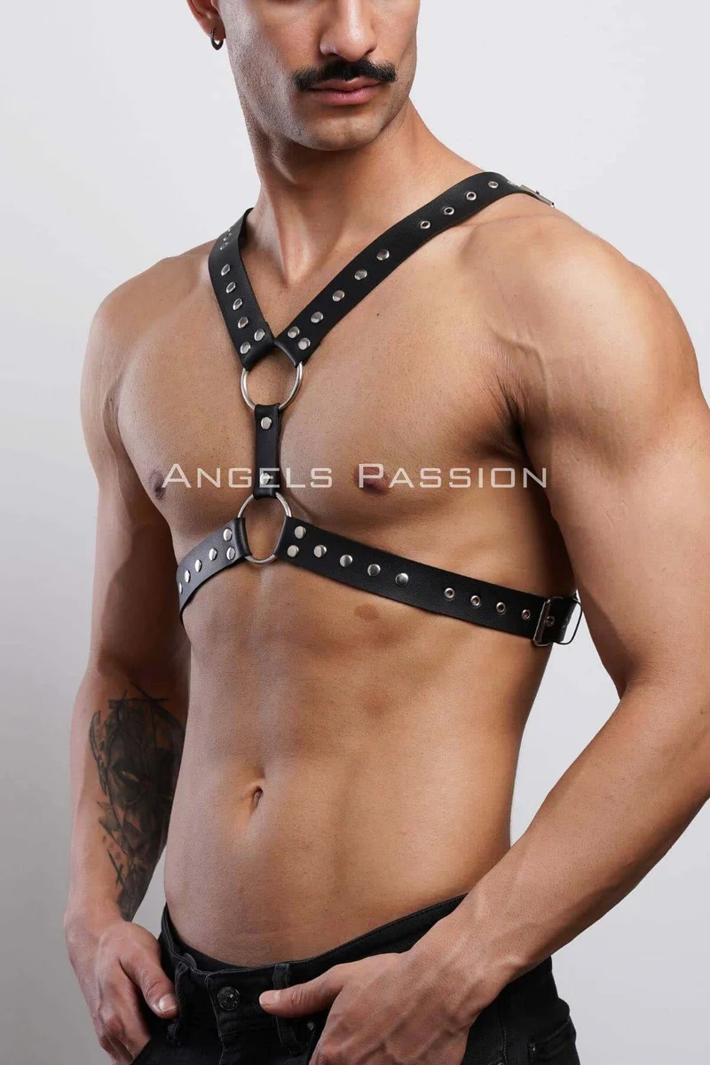 Black studded chest harness with O-ring accents front detail
