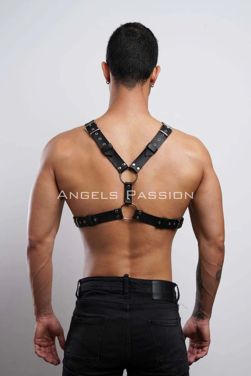 Black leather chest harness with o-rings on back straps