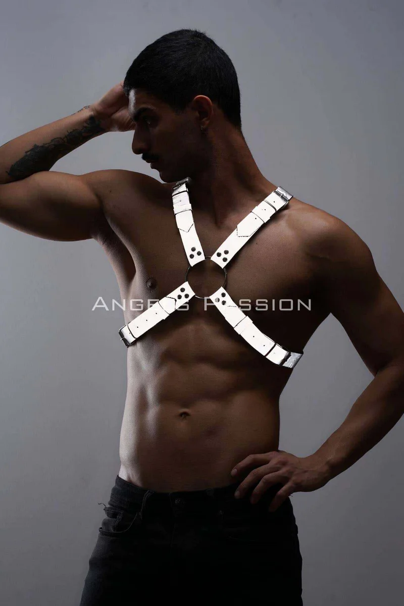 Reflective chest harness silver festival outfit on