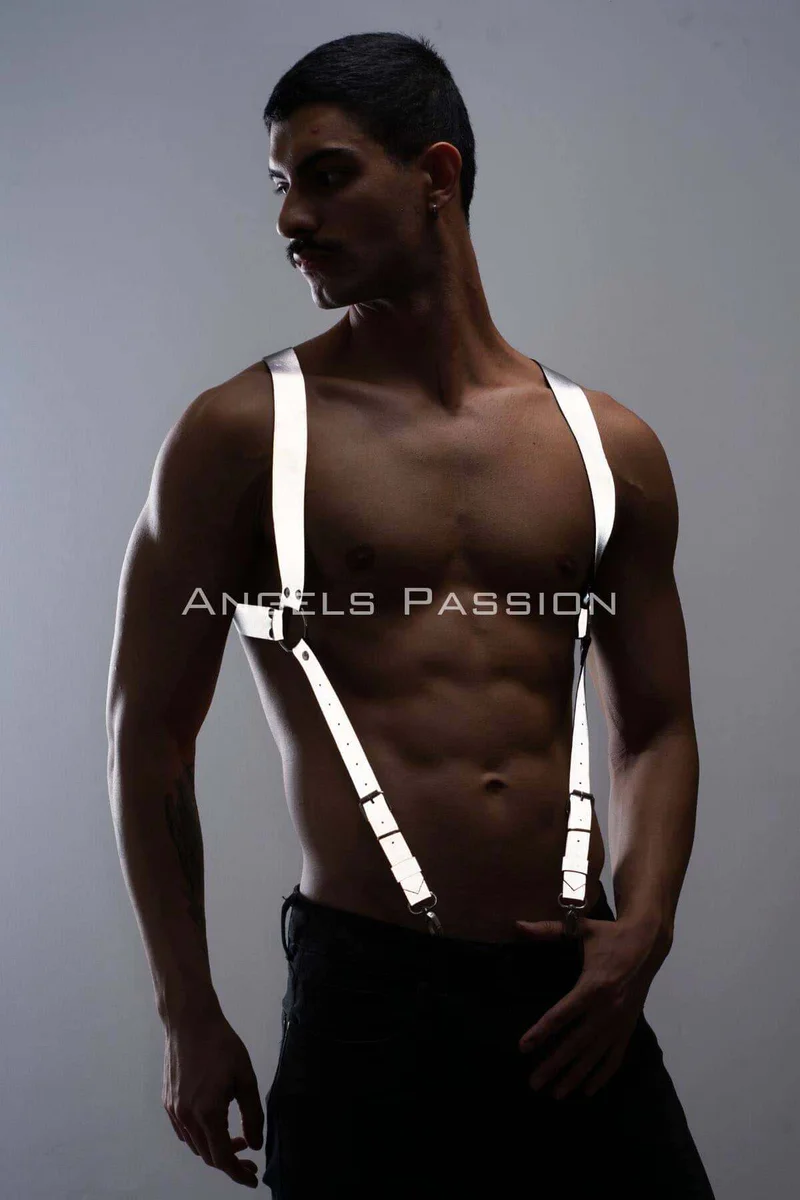 Reflective silver body harness suspenders on