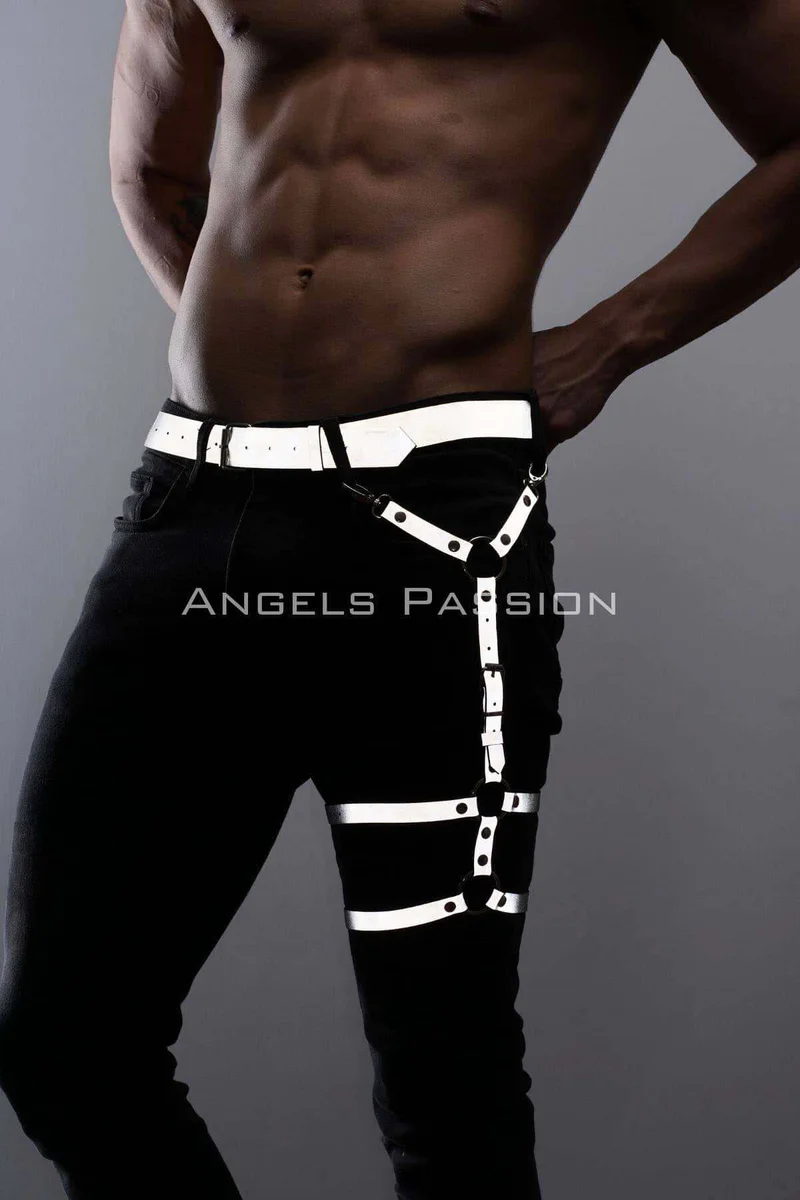 White reflective thigh harness detail showing faux leather texture and adjustable straps