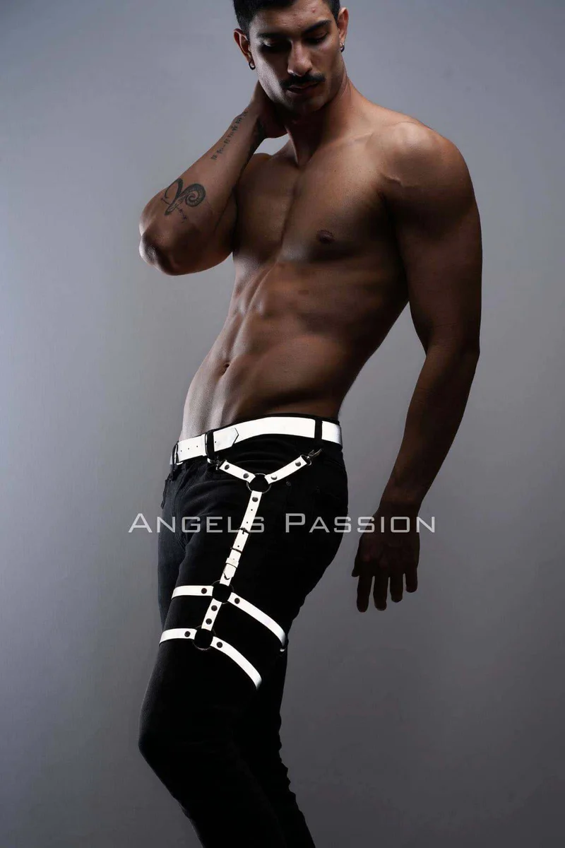 Festival thigh harness white reflective straps over black pants side view