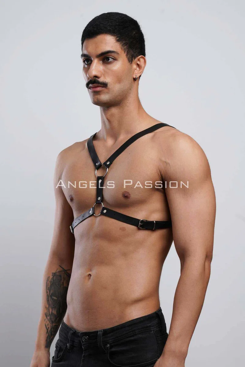 Mens Black Chest Harness Front View Silver