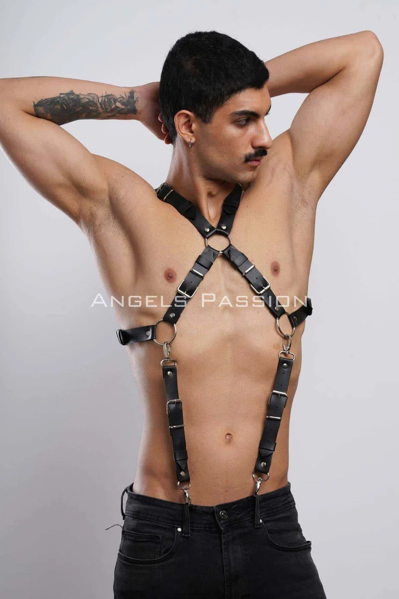 X-Back Body Harness Men Front View Cross-Strap Design Black Faux Leather Lingerie Set with Adjustable Straps and Buckles