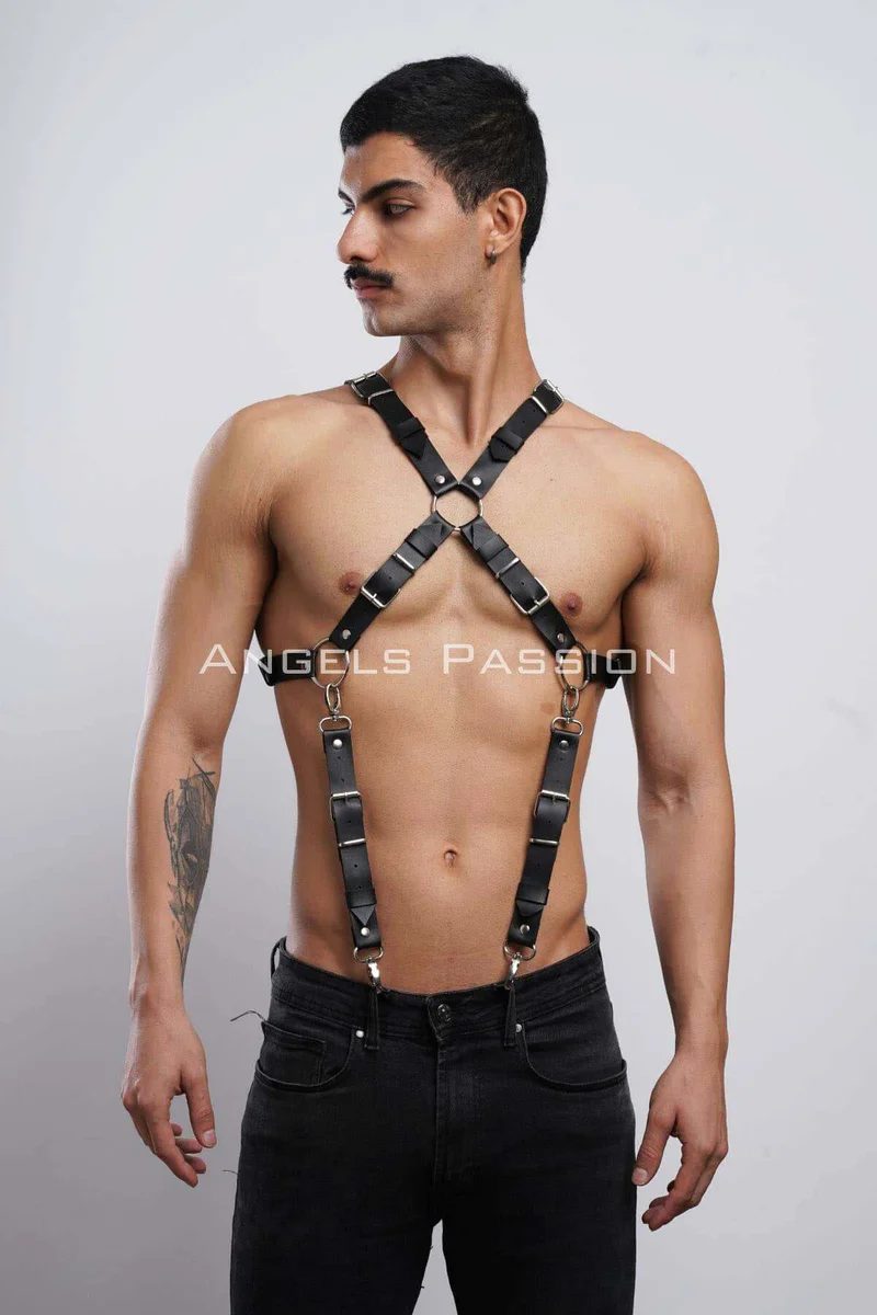 Men's Faux Leather Harness Back View Adjustable Shoulder Straps with Crossback Design and Buckle Fastenings