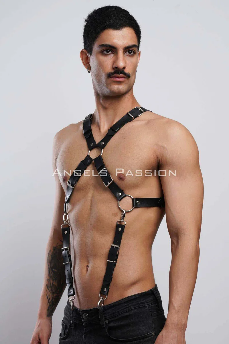 Side Profile of Black Body Harness Worn with Jeans Showing Adjustable Straps and Chest Ring Detail