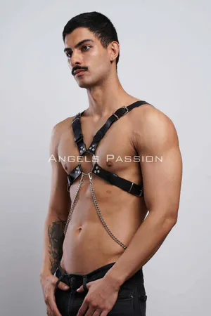 Chain Detailed Leather Men's Chest Harness, Partywear, Clubwear - APFTM95
