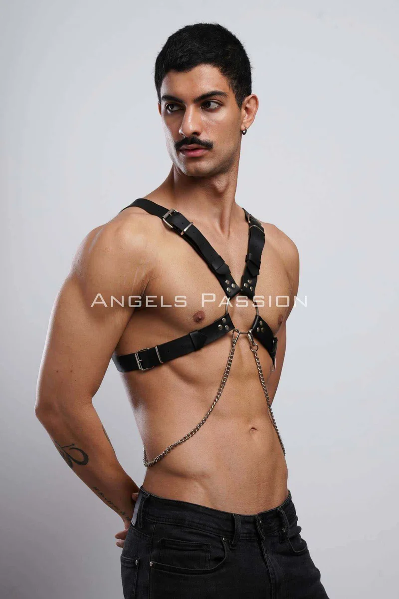 Chain Detailed Leather Men's Chest Harness, Partywear, Clubwear - APFTM95