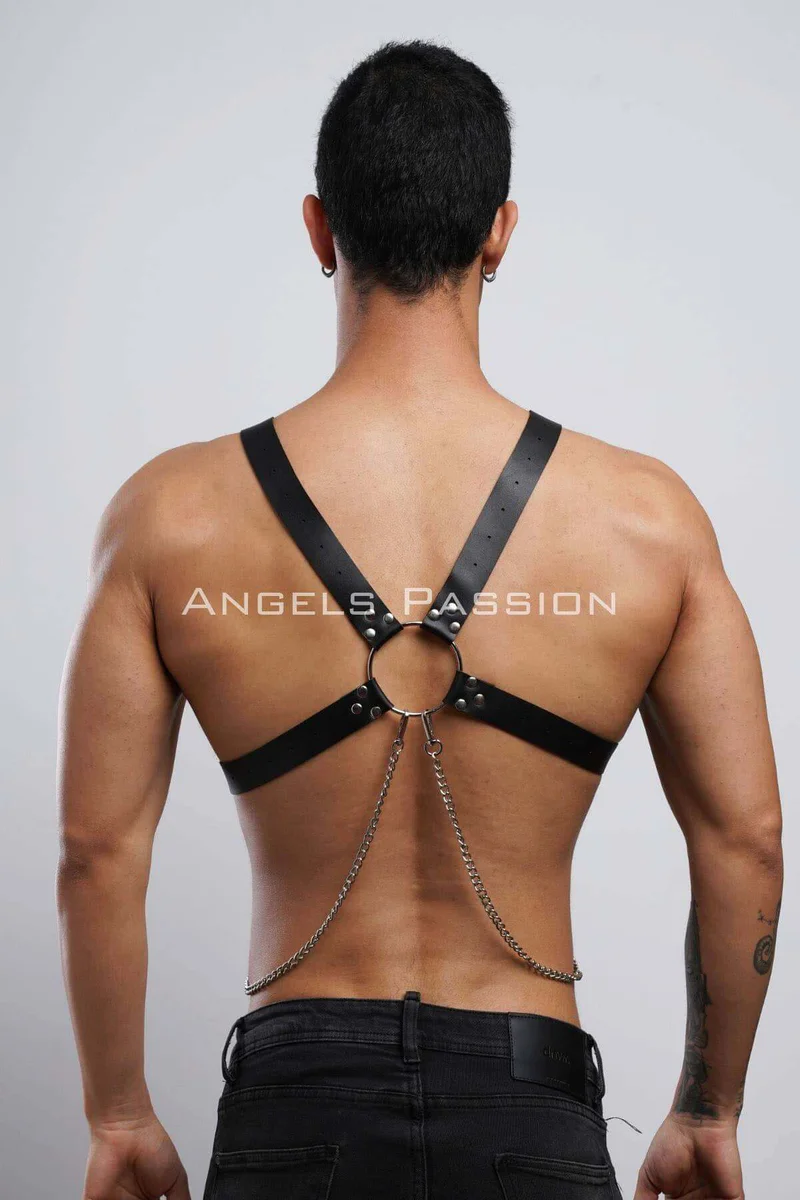 Chain Detailed Leather Men's Chest Harness, Partywear, Clubwear - APFTM95