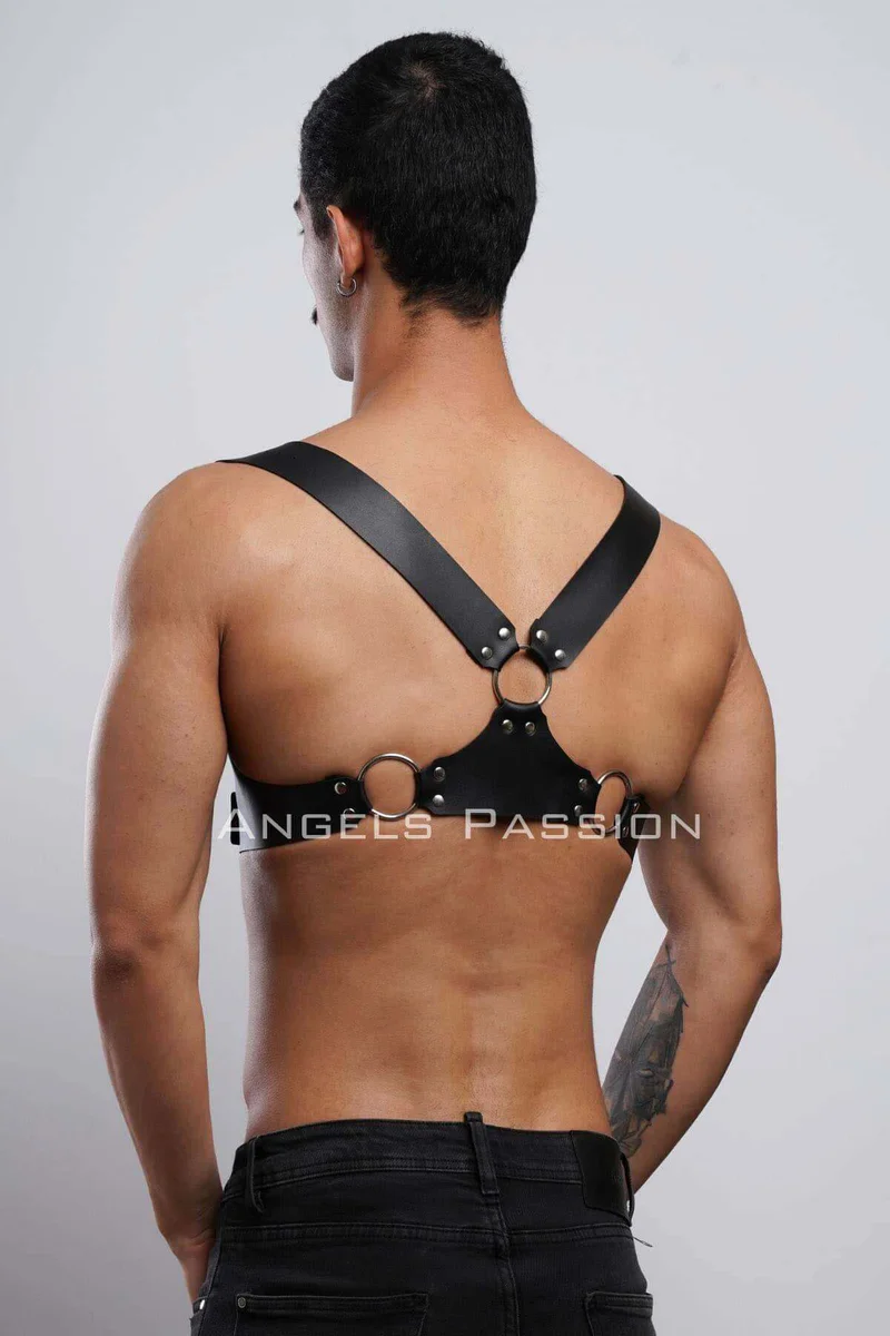 Black faux leather body harness set, showing