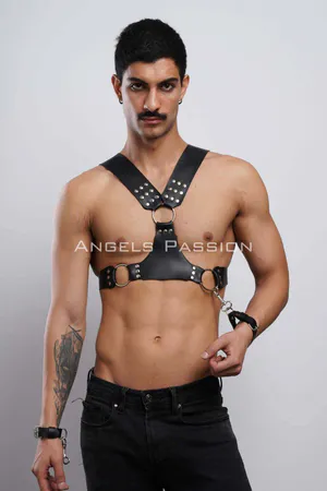 Men's Chest Harness with Cuffs, Leather Men's Fancy Harness, Men's Harness with Cuffs - APFTM121