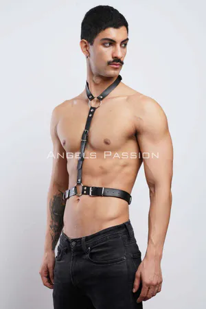 Leather Halterneck Men's Harness, Clubwear, Leather Partywear - APFTM124