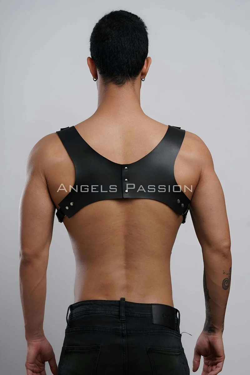 Black faux leather shoulder harness with