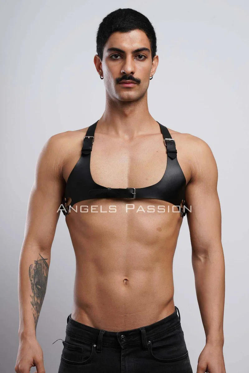 Black Faux Leather Chest Harness Adjustable Straps Silver Buckles