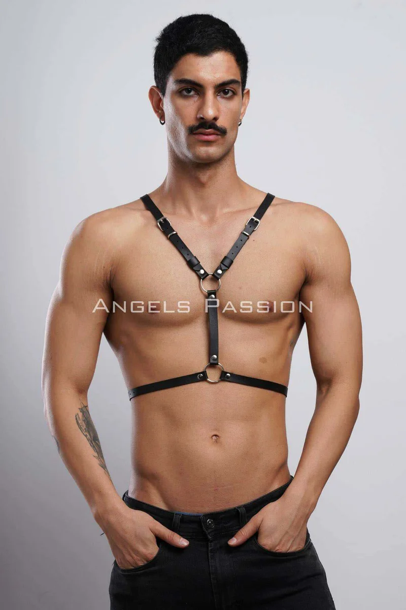 Black bat wing body harness adjustable chest strap with O-ring accents
