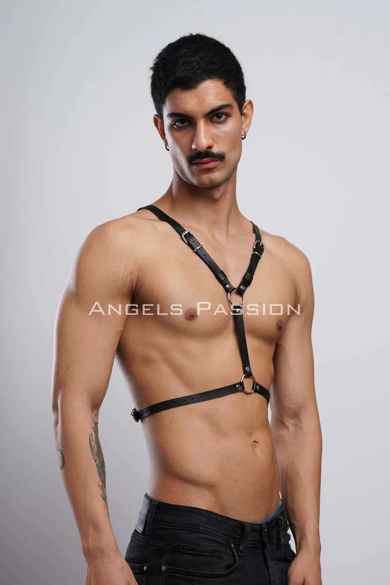 Full back view of black faux leather bat wing body harness