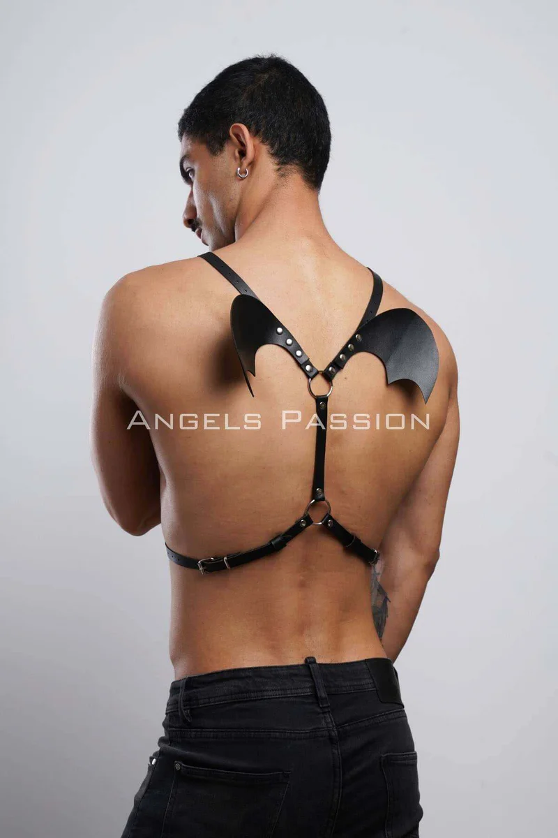 Black bat wing harness with O-ring accents and adjustable straps