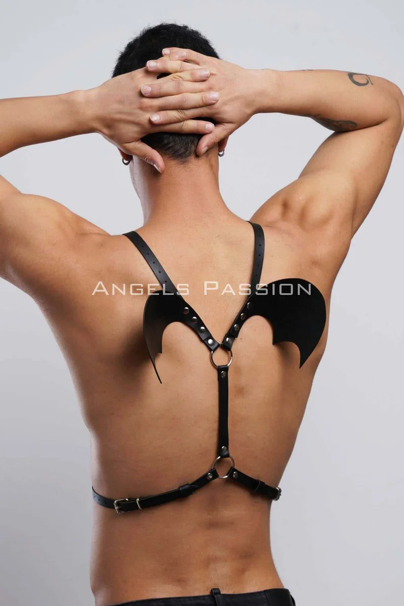 Black bat wing festival harness with o-ring accents and studded details
