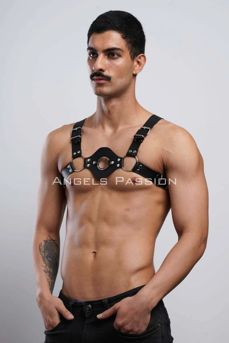 Black Faux Leather Chest Harness Men Central O-Ring Hardware Adjustable Straps
