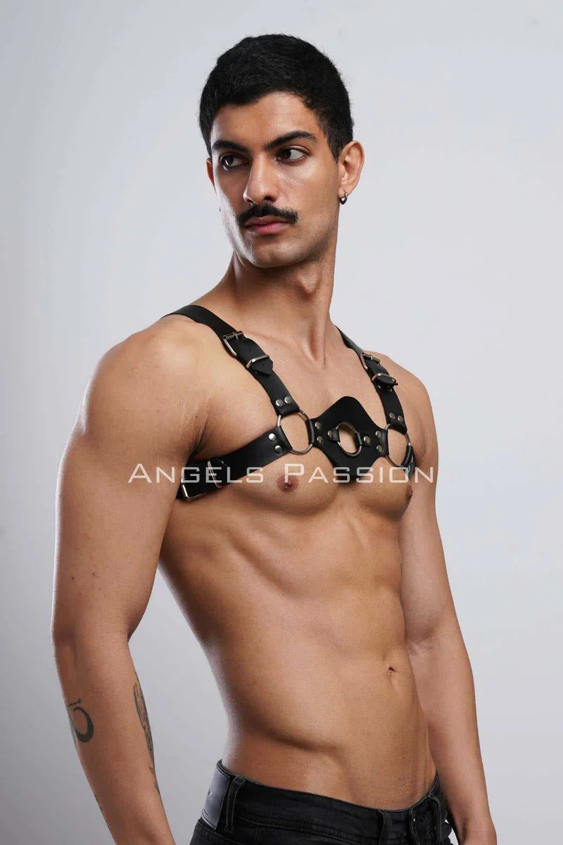 Black Faux Leather Chest Harness Front