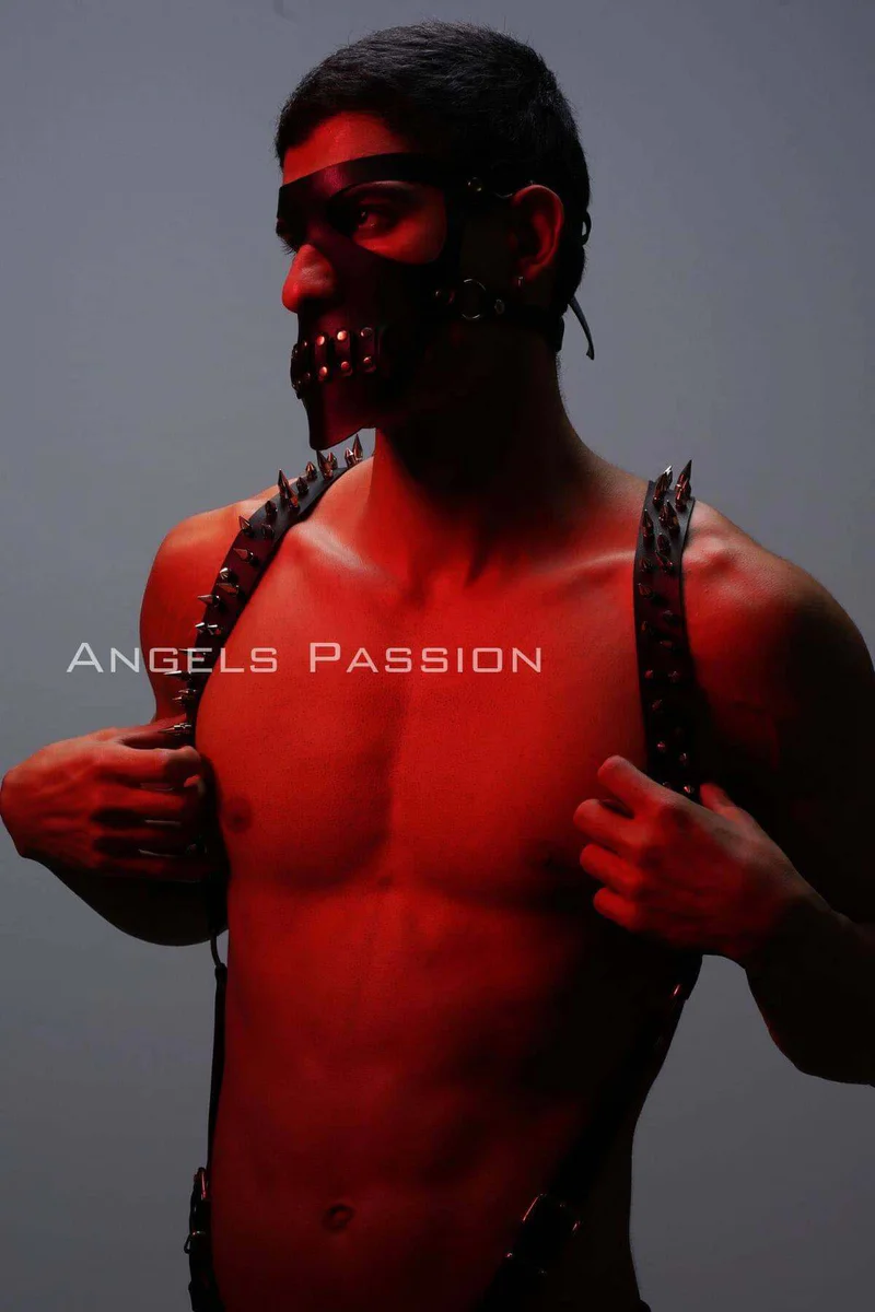 Men's Harness Set with Nail Detail and Mask, Men's Clubwear, Men's Chest Harness - APFTM204