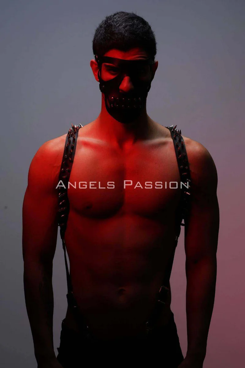 Men's Harness Set with Nail Detail and Mask, Men's Clubwear, Men's Chest Harness - APFTM204
