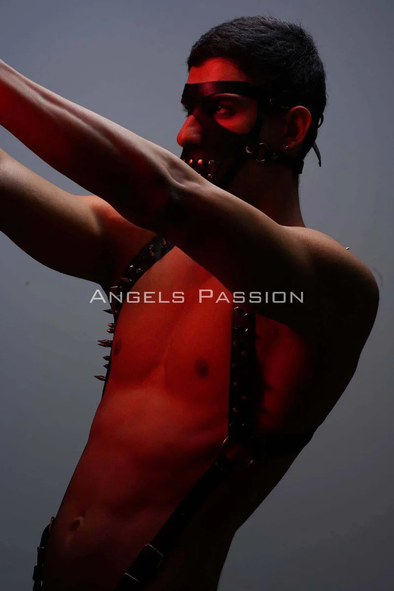 Men's Harness Set with Nail Detail and Mask, Men's Clubwear, Men's Chest Harness - APFTM204