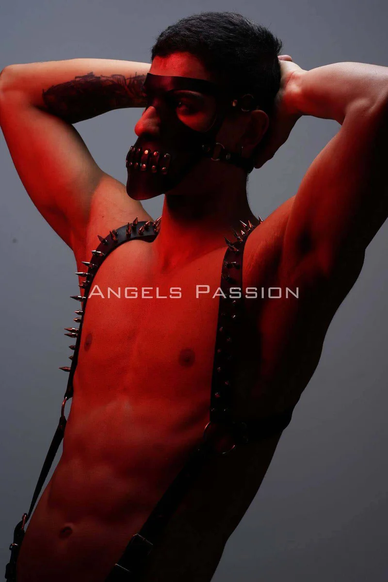 Men's Harness Set with Nail Detail and Mask, Men's Clubwear, Men's Chest Harness - APFTM204