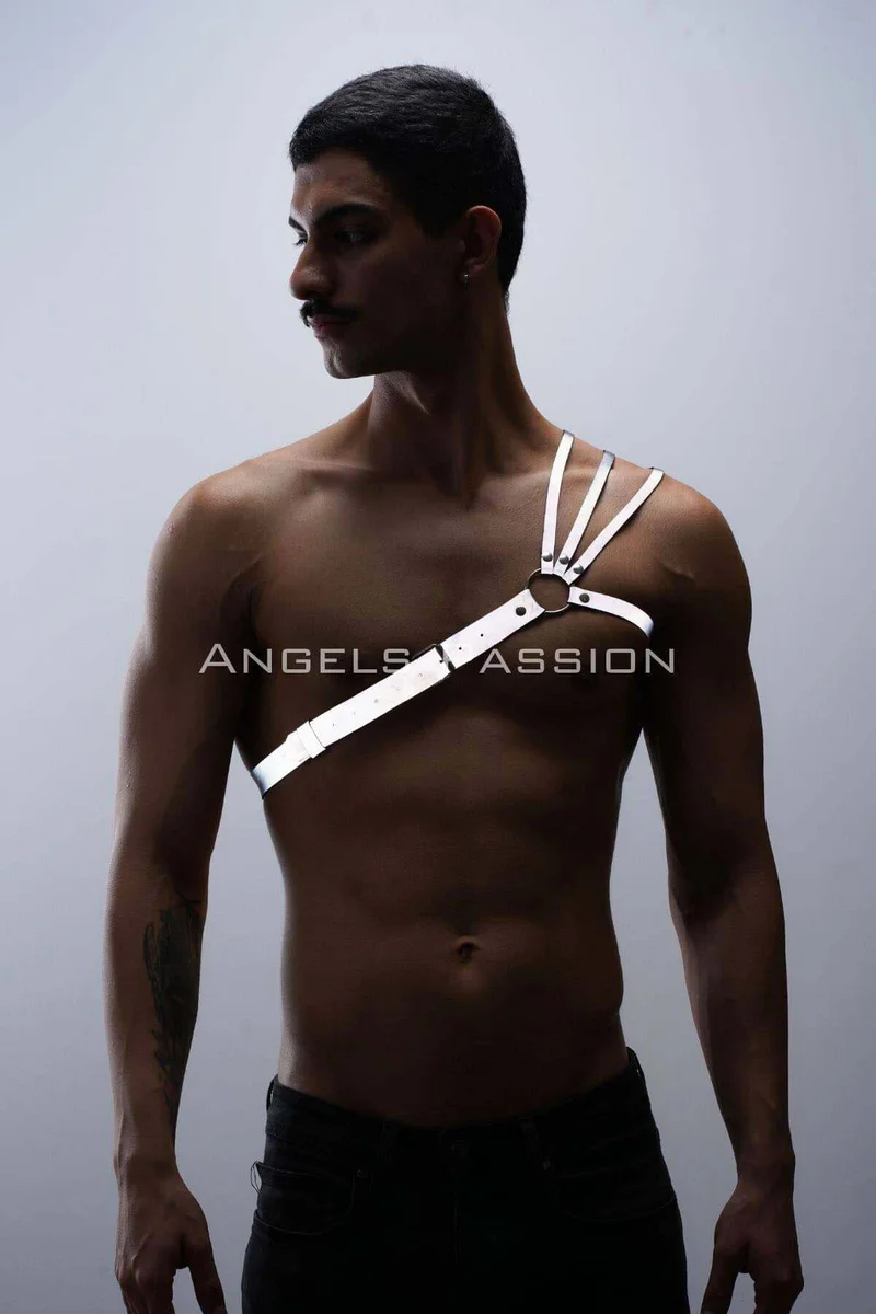 Festival harness white chest outfit, reflective straps