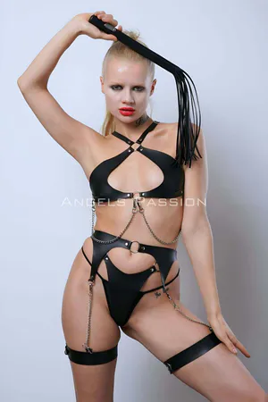 Leather Garter Harness Set, Leather Bra Set, Whip Leather Fancy Wear - APFT1363