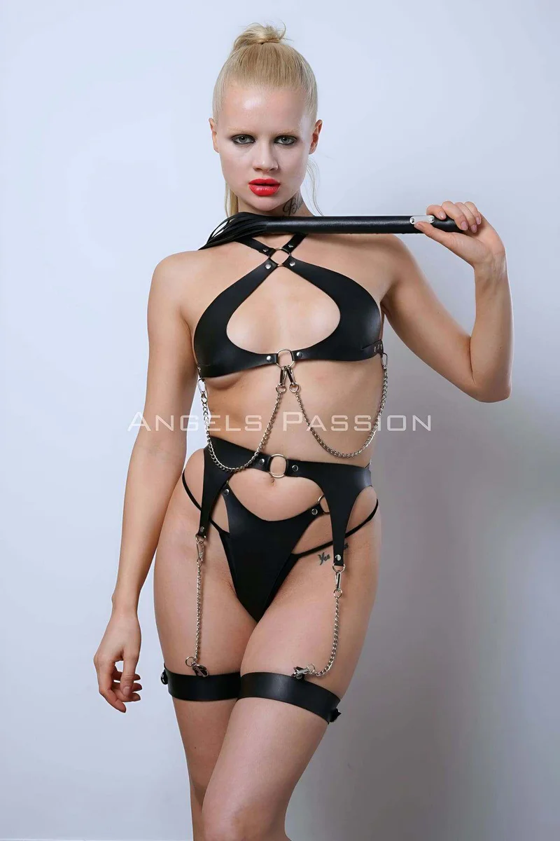 Leather Garter Harness Set, Leather Bra Set, Whip Leather Fancy Wear - APFT1363