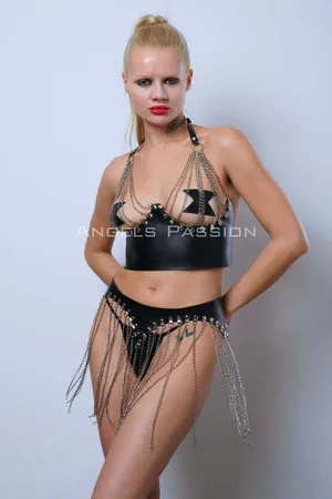 Black Faux Leather Bra Top and Chain Fringe Skirt Set Studded Details