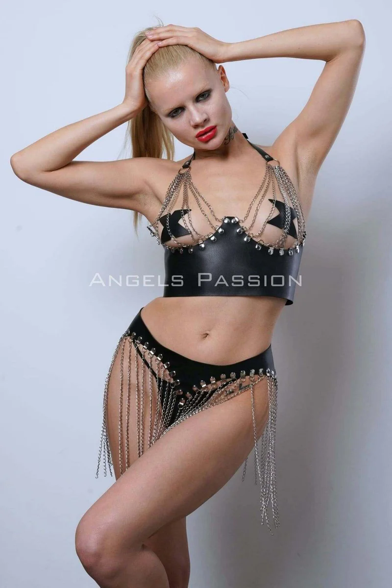 Black vegan leather halter bra top with chain