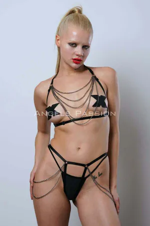 Stylish Rubber Harness Set with Chain Detail, Erotic Fantasy Wear - APFT1065