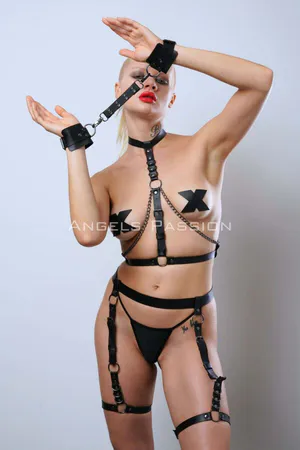Black Faux Leather Full Body Harness with Integrated Cuffs and Garter Skirt