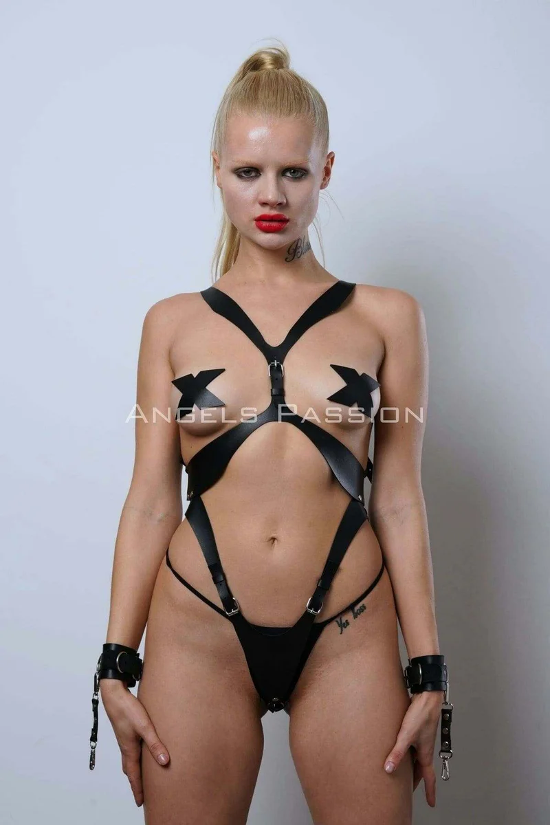 Leather Full Body Harness Set - Cuffed Adjustable Lingerie