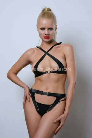 Black Vegan Leather Open Cup Bralette High Waist Harness Brief Set