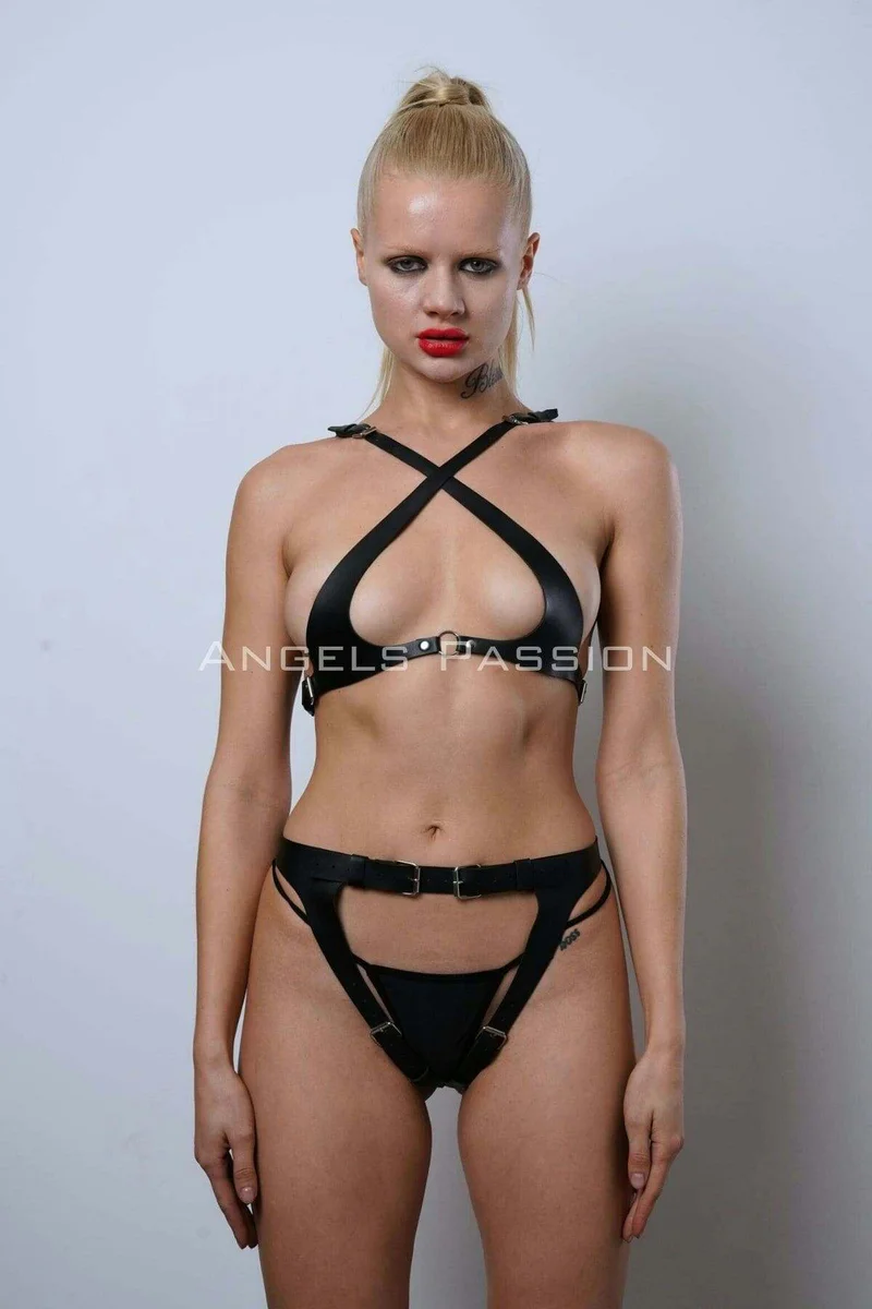 Festival black leather lingerie with open cup br