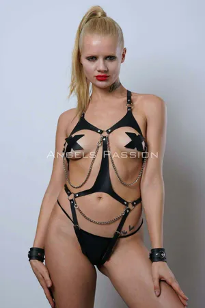 Open Crotch Fantasy Leather Underwear, Cuffed Leather Erotic Wear - APFT1131
